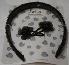 Anita Black Headband  2 Snap Clips Sparkle Beads Girls Womens 3/4 inch Wide.