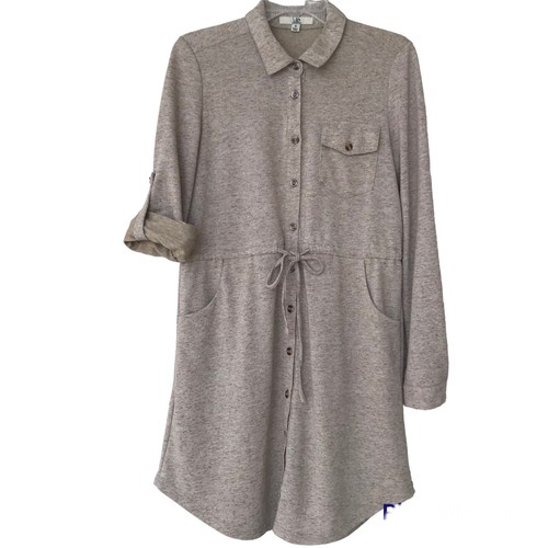 Ya Los Angeles S Shirt Dress Tan Beige Pocket Drawstring Waist Button Front - Picture 2 of 13