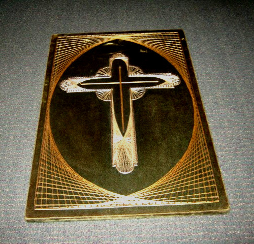 Vintage String Art Cross Picture on Green Velvet Background Hand Made