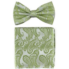 New Brand Q men's pre-tied bow tie  hankie paisley microfiber formal sage green
