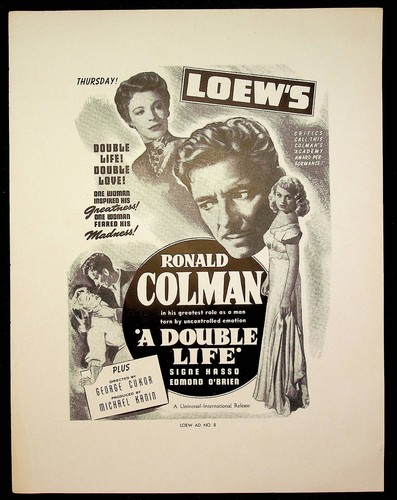 A Double Life 1947 Original Movie Ad Mat Flyer Ronald Colman Edmond O'Brien - Picture 1 of 2