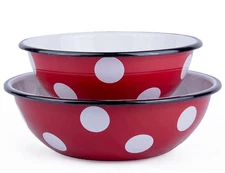 SET OF 2 Red Polka Dot Enamel Bowls Enameled Mixing Bowl Set 1.6qt 2.6qt UKRIANE