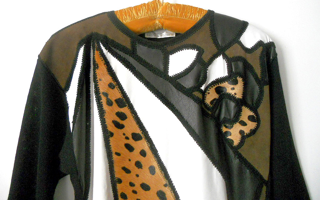 LEATHER PATCHWORK  and 100% WOOL SWEATER Black Br… - image 4