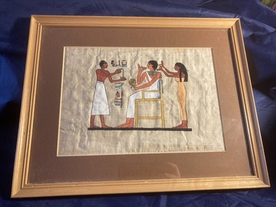 gerahmt handbemalt ägyptisches Gemälde auf Papyrus 33x26 cm. Königin & Diener