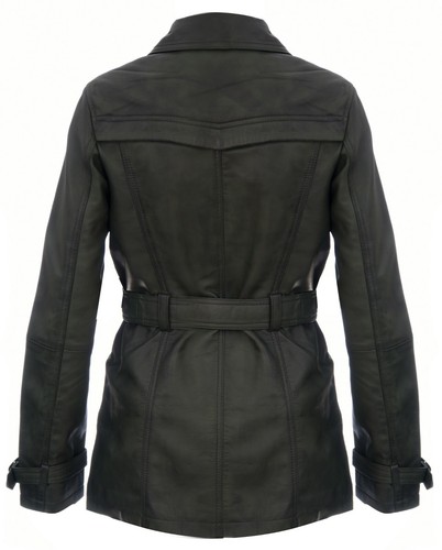 Ladies Leather TRENCH Coat Green | Mid-Length Coat Classic Leather Jacket - Picture 3 of 5