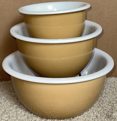 Vintage CorningWare Stoneware Nesting Mixing Bowls Set of 3 Brown/Tan White Rim