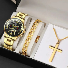 5-Piece Men's Stainless Steel Quartz Watch and Accessories Set