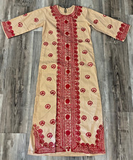 Vintage Hand-Embroidered Palestinian Thobe Dress Cream Red Floral - See details