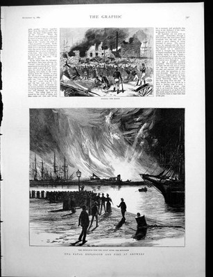 Alter Druck Tödliche Explosion und Feuer Antwerpen Erdölfund Leichen 1889 19.