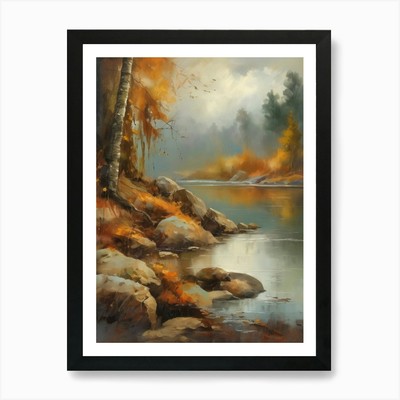 Waldsee, Herbstsee, Vintage O gerahmtes Wandbild Poster Leinwanddruck Bild