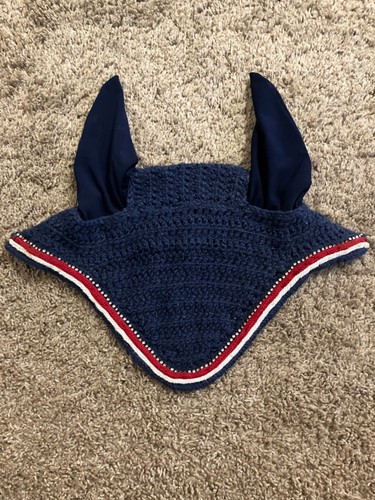 Custom handmade horse/full/medium fly bonnet navy with red, white, and crystal t