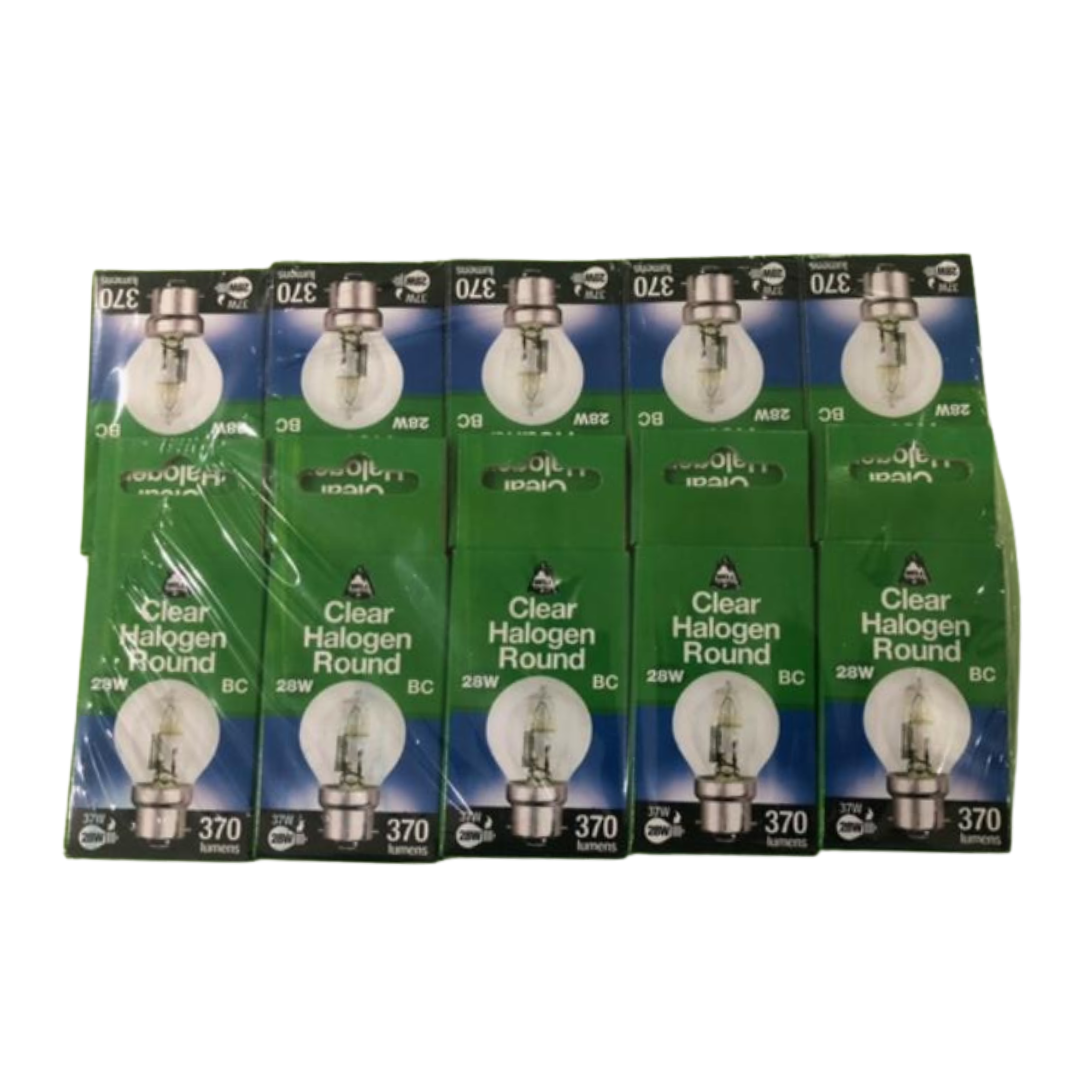 12 X BELL 28W ROUND 45MM BC GOLFBALL HALOGEN CLEAR LIGHT BULB ENERGY SAVING BNIB