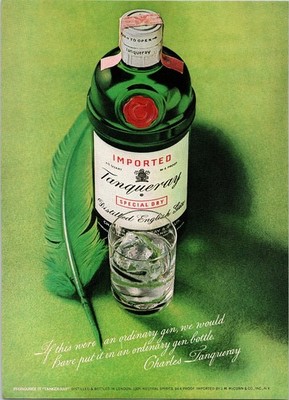 Tanqueray Gin Vintage Magazine Ad 1960s Green Bottle Quill