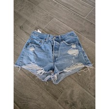 Levis 501 Original High Rise Distressed Denim Cut Off Shorts Light Wash Blue W26
