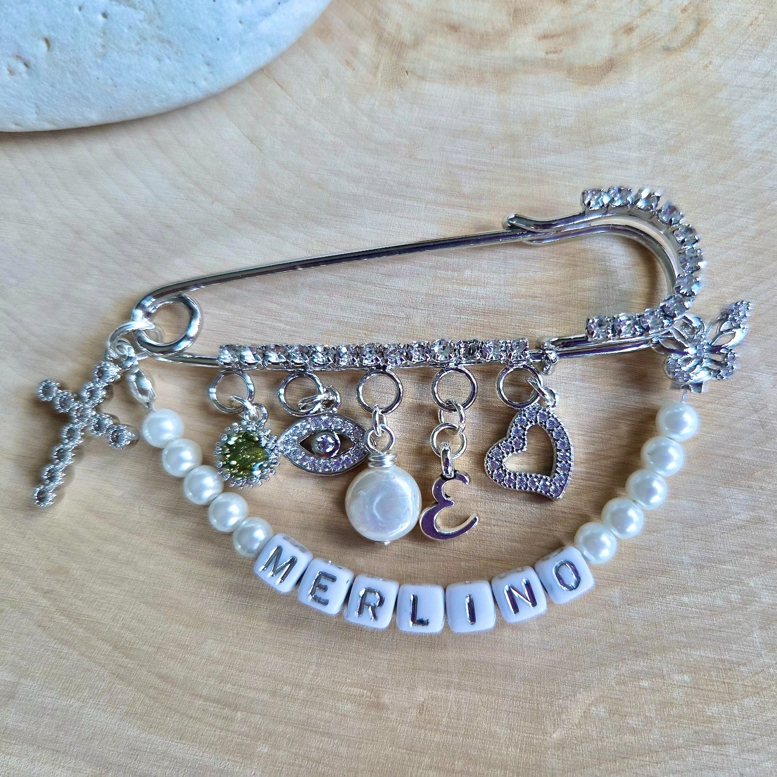 Pin Beby Personalized Baby Pin, Crystal Pin, Gold & Silver Charms, Baby's Name ...