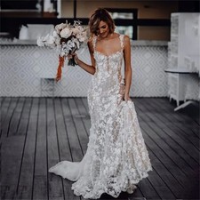 Boho Mermaid Wedding Dresses Spaghetti Strap Backless Lace Applique Bridal Gowns