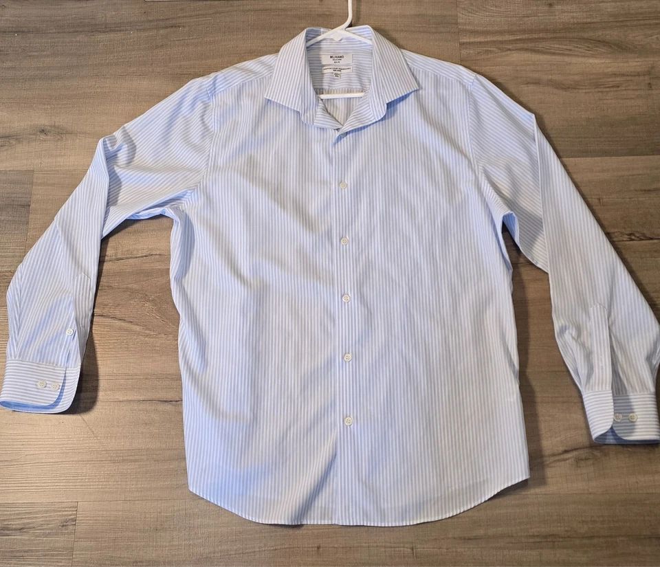 Camisa de Murano para Hombres XL Blanca Azul a Rayas Camisa Sin Planchar Calce Ajustado Abotonada Lujo Foto 2 de 4