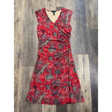 Lauren Ralph Lauren Red Paisley Faux Wrap Sheath Dress Sleeveless V-Neck Small