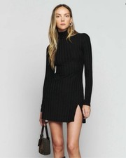 Reformation Libra Knit Dress Ribbed Turtle Neck Mini Long Sleeve Slit Black XS
