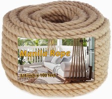Manila Rope 3/4 Inch X 100 Ft Natural Hemp 4 Strand Twisted Heavy Duty