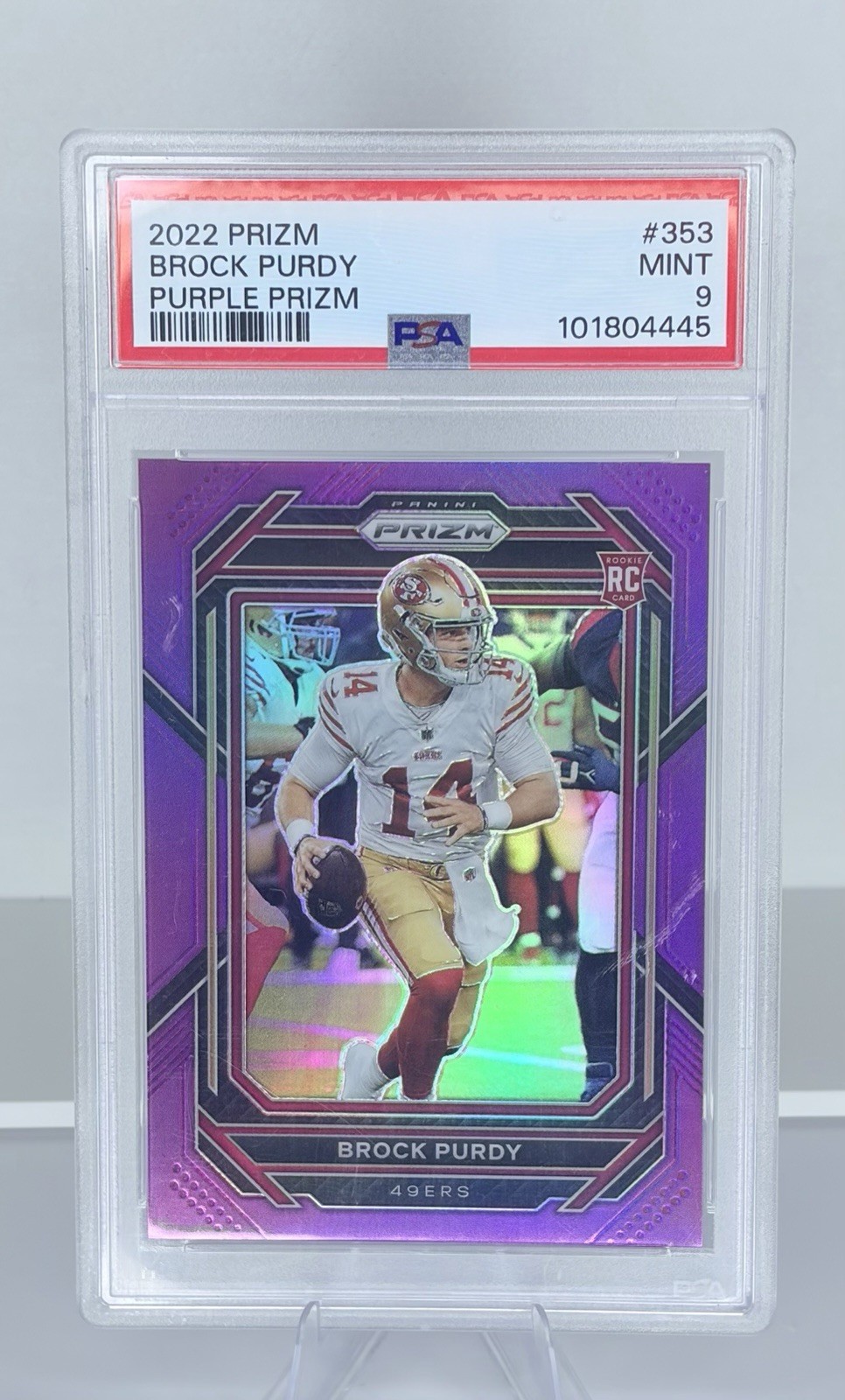 2022 Panini Prizm Rookies Brock Purdy #353 Purple Prizm /125 (RC) PSA 9