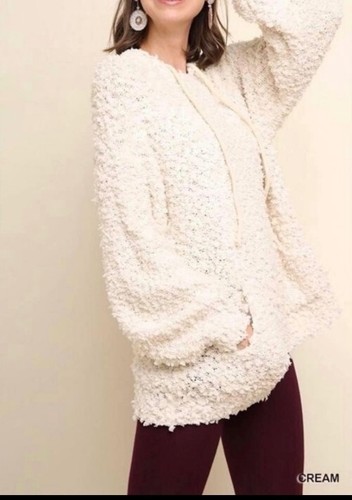 Umgee Cream Hooded Popcorn Sweater Sz L 