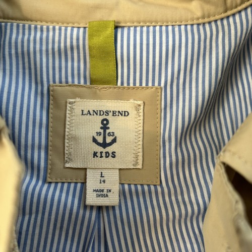 Lands' End Girl’s Khaki Trench Coat L (14) Single Breasted With Inverted Pleat - Picture 5 of 10