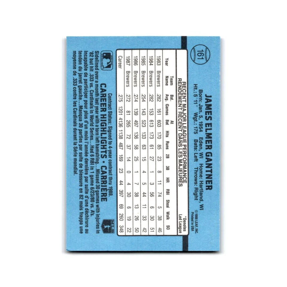 Jim Gantner 1988 Leaf #161 Milwaukee Brewers Baseball Card NM - Image 2 of 3