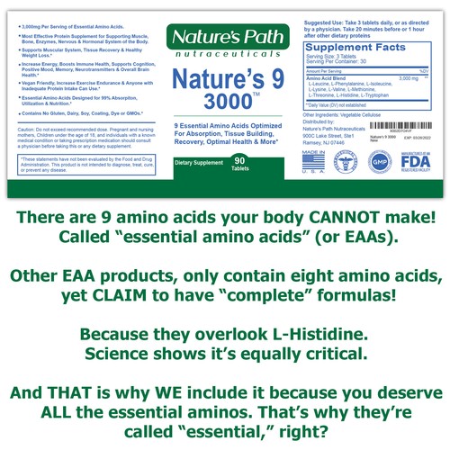 Nature's 9 3000 Essential Amino Branch Chain Acids EAA 90 Tablets Natural Energy - Picture 3 of 9