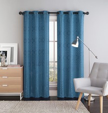 Two 2 Blue Window Curtain Panels: 76" x 84", Grommets, Scroll Design