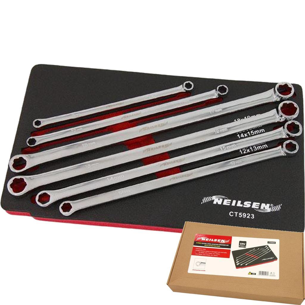 Extra Long Double Ring Aviation Spanner Wrench Set With Extractor Ends 8-19mm - Image 3