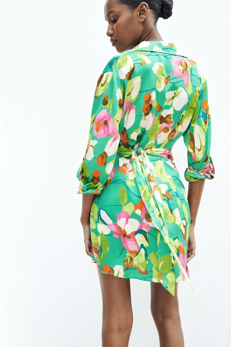 printed shirt dress zara Zara Green White Leaf Print Midi Maxi Long Sleeve Shirt Dress size XL 16 18