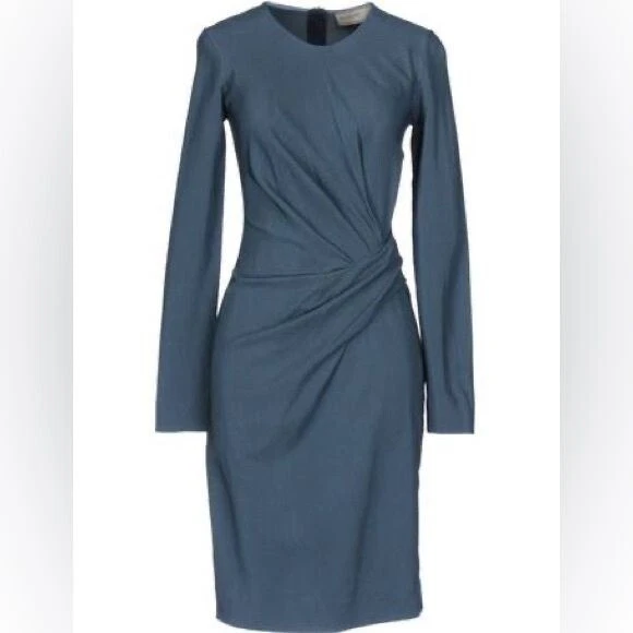 Lanvin — LANVIN / blue grey ruched long sleeve wool blend drape midi sheath dress 34 XS 2