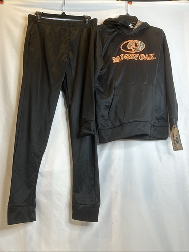Mossy Oak 14 16 Sweat Pants Shirt 2PC Hooded Camo Neon Active Black Gym Sports - Picture 2 of 10