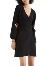 Madewell Black Texture and Thread Long-Sleeve Side Tie Faux Wrap Dress Size M