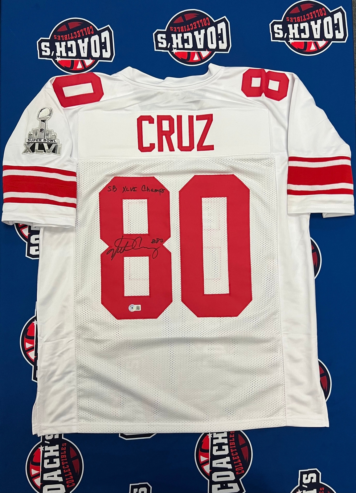 Victor Cruz Autographed CUSTOM White Road Jersey with SB XLVI Champs Inscr (Beck