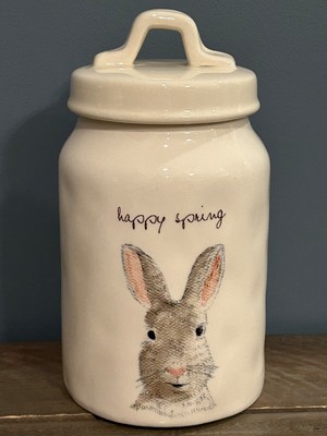 Rae Dunn Easter Treats Ceramic Cookie Jar With Bunny White and Pink 6'' x 8.25''