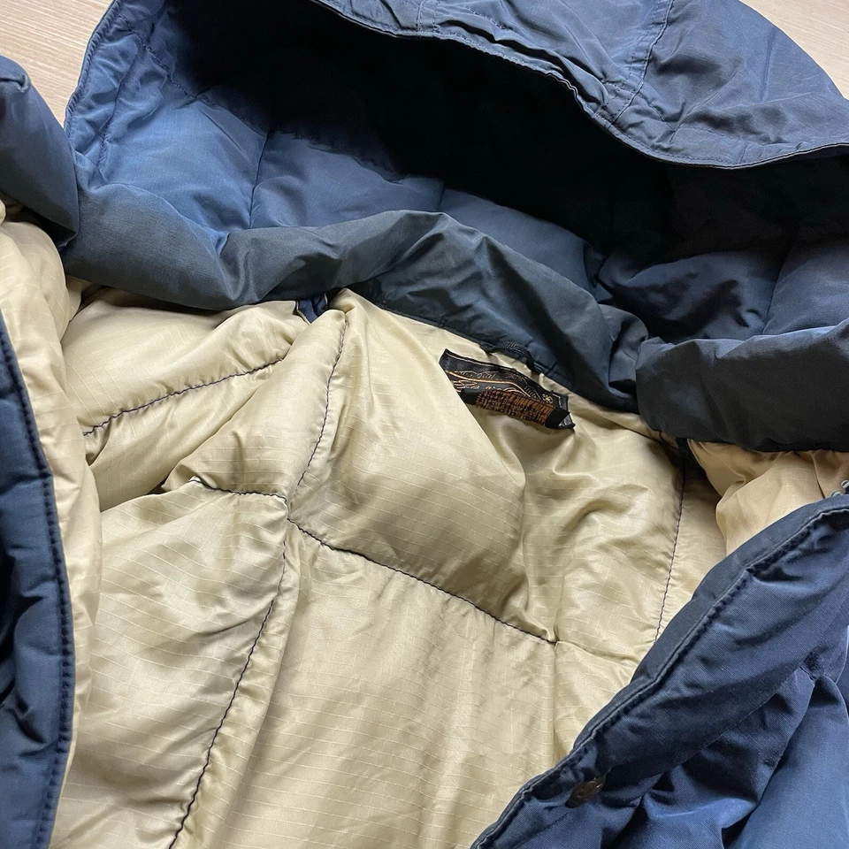 Vintage 80s Eddie Bauer Goose Down Coat Puffer Parka Hooded L Men’s Navy Quilted - Image 4 of 4