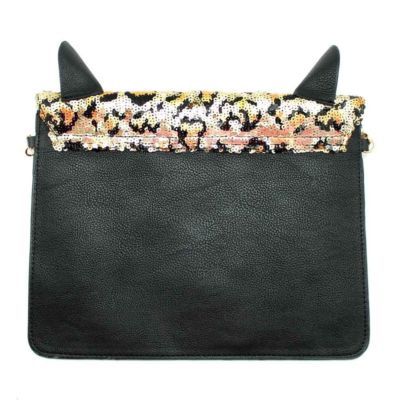 Betsey Johnson Black Gold Sequin Kitchi Cat Clutch Crossbody New