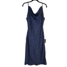 Lulu's NEW You're My Type Midnight Blue Satin Jacquard Midi Slip Dress Drape Md