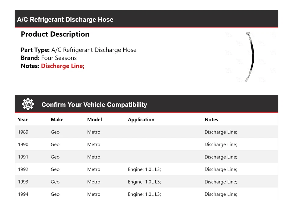 Manguera de descarga de refrigerante aire acondicionado Geo Metro 1989-1994 4 estaciones 1990 1991 1992 Foto 2 de 4