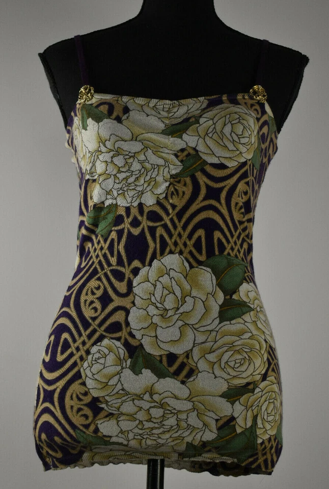 Roberto Cavalli 尺寸 46 意大利面肩带针织花卉上衣金属眼镜蛇米色紫色 — 第 2/4 张图片