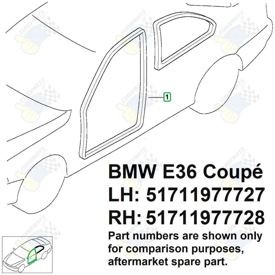 1993-1999 BMW E36 2-Door Coupe 2-Piece Rubber/Felt Door Seal Weatherstrip Set - Image 2 of 4