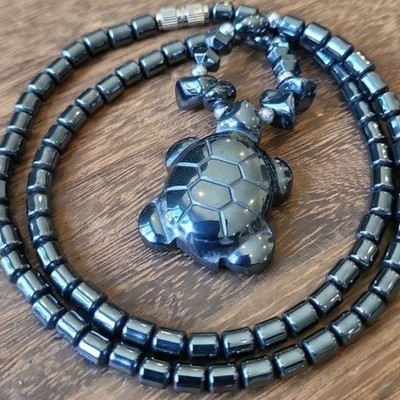 Hematite Turtle Pendant Necklace, Barrel Closure, Free Shipping 