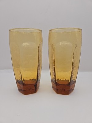 2 Vintage Libbey Chivalry Amber 16 Oz Tumblers Glasses 6.25  Mid Century decor