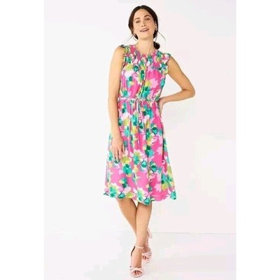 Draper James RSVP Size 1X Smocked Yoke Ruffle Midi Length Dress Fuchsssia Multi