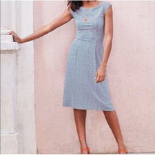 Boden Marina Blue White Red Geometric Floral Jersey Fit Flare Dress 4R