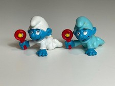 SMURFS 1980's Baby Smurf With Rattle Figures White  Blue Pajamas Vintage Peyo