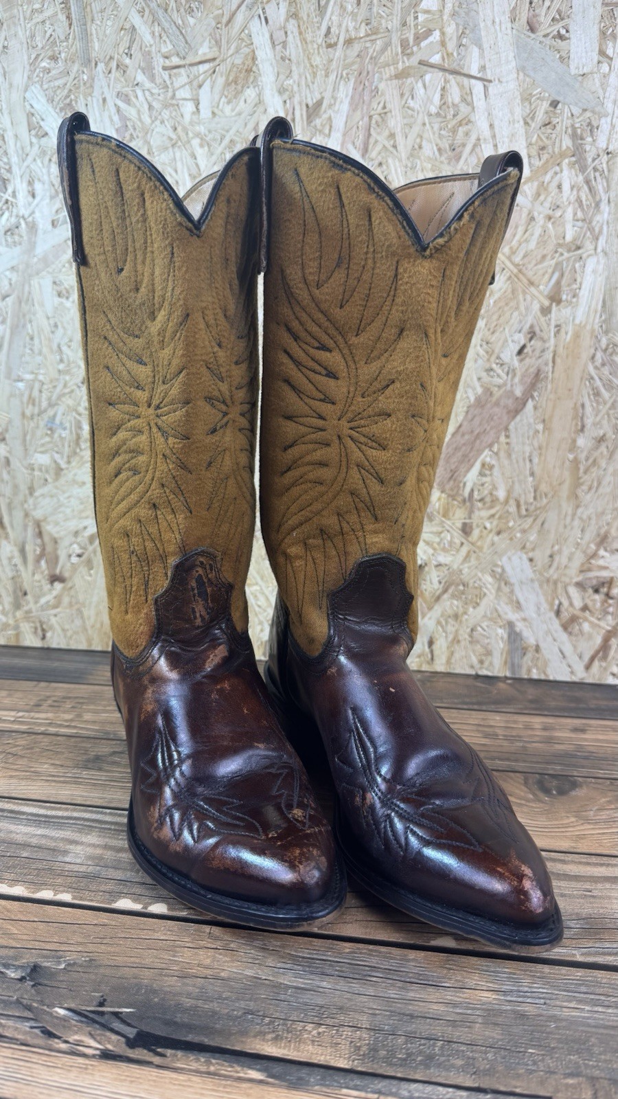 Acme Hombres Marrón Beige Cuero Vaquero Botas Pull-on Media Pantorrilla Punta