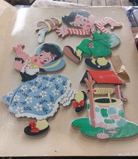 VTG 1950s Dolly Toy Co Mother Goose Pin-Ups Jack Jill 4-Pc Nursery Decor NOS